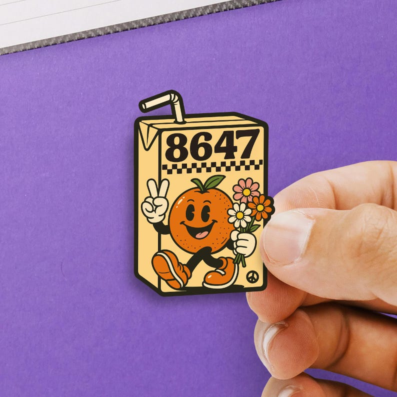 May include: A sticker featuring a cartoon orange character holding flowers and giving a peace sign. The orange is on a juice box with the number 8647. The sticker has a retro, vintage design with a peace symbol.