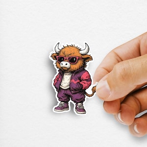 Retro Highland Cow Sticker: 90s Nostalgia Animal Decal