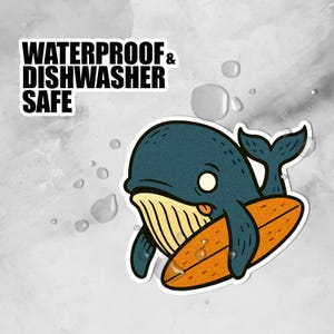 Surfing Whale Sticker – Cute Cartoon Whale with Surfboard, Waterproof Vinyl Decal for Laptops, Water Bottles & Car Windows