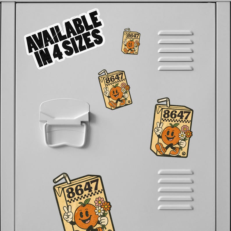 May include: White sticker with the text "AVAILABLE IN 4 SIZES" and several orange juice box stickers. The juice box stickers have a smiling orange character with flowers and the number "8647".