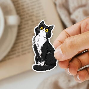 Curious Tuxedo Cat Sticker, Adorable Feline Decal, Cute Cat Art, Charming Kitty Design, quirky Animal Accessory, Pet Lover Gift