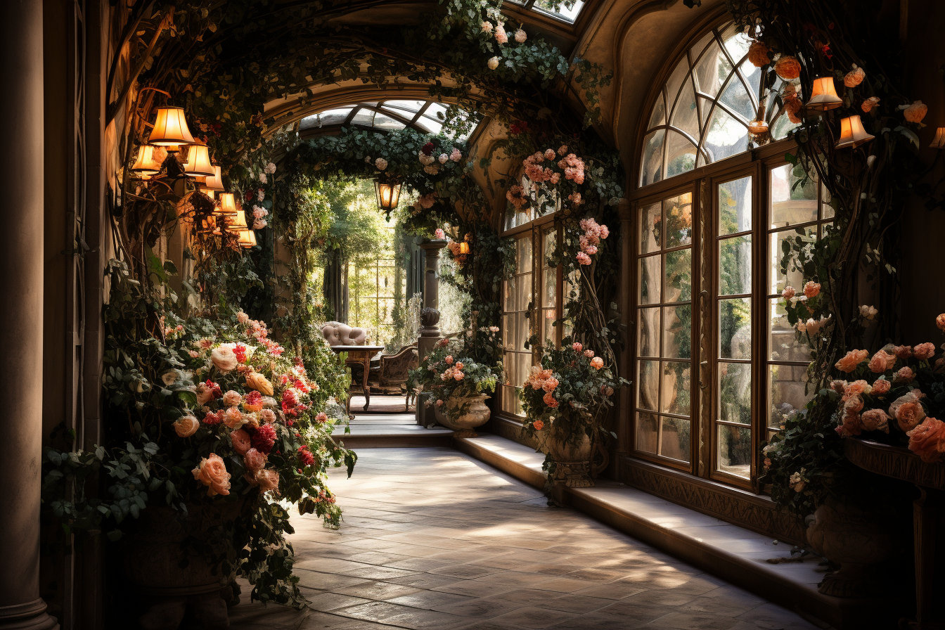 Digital Background Outdoor Villa of Blush Roses and Red Roses With