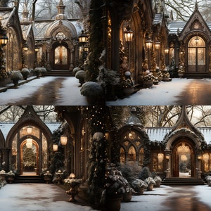 May include: A snow-covered, ornate, gothic-style building with a large, arched doorway and windows. The building is decorated with twinkling lights and greenery.