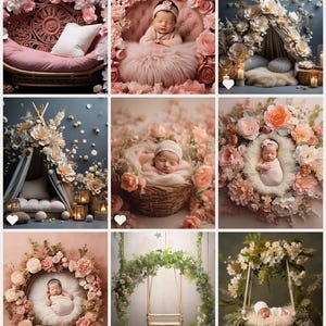 Könnte beinhalten: Eine Sammlung von Neugeborenen-Fotografie-Kulissen mit verschiedenen Blumenarrangements, darunter ein rosafarbener Blumenkranz, ein weißes Tipi mit Blumenakzenten, ein Weidenkorb mit einem Blumenarrangement, eine Schaukel mit einer Blumengirlande und ein weißes rundes Bett mit einem Blumenkranz.
