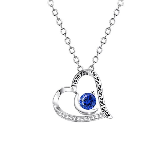 I Love You To The Moon And Back Necklace Blue Birthstone Crystal Heart Pendant Birthstone Jewelry Gift For Girlfriend Gift For Mom