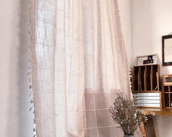 Boho Farmhouse Cotton Curtain with Tassels, Coffee Color Drapes