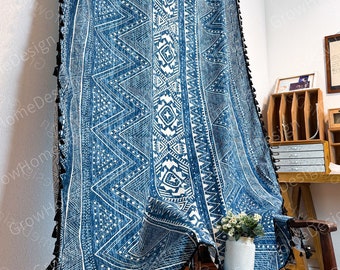 Tende in stile Boho blu, tende in lino di cotone, arredamento Boho, pannelli per tende Boho, tende per soggiorno camera da letto, tende personalizzabili