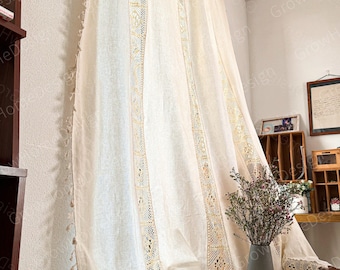 Cortina de granja, cortinas de ganchillo, cortina beige de algodón estilo boho para dormitorio, sala de estar - cortinas de decoración boho de ventana semi opaca