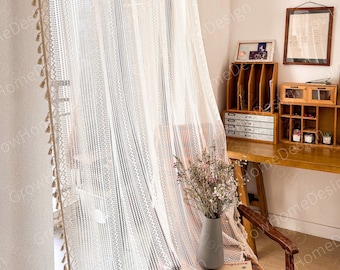 Beige Sheer Boho Curtains, Farmhouse Curtains, Living Room Window Drapes