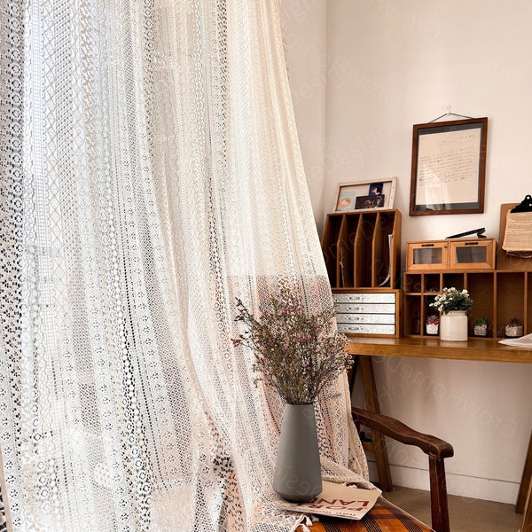 Rideaux de ferme, rideau beige en coton de style bohème avec glands pour chambre à coucher, salon - Draps décoratifs bohèmes semi-occultants