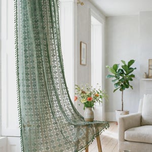 Salviagrön virkad gardin, boho-drapering för sovrum och vardagsrum, anpassningsbara storlekar
