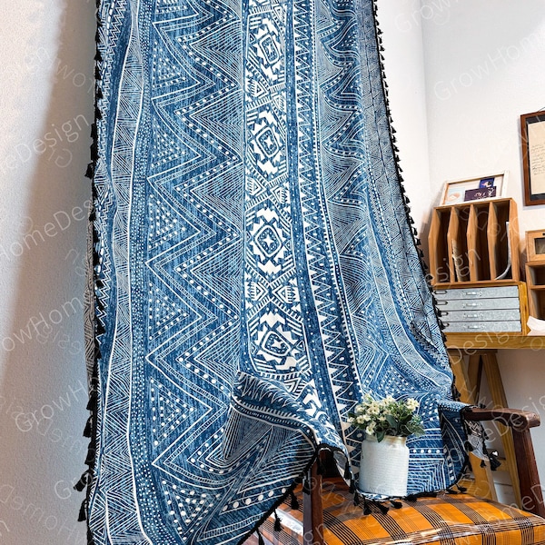 Blue Boho Style Curtains, Cotton Linen Curtains, Boho decor, Boho Curtain Panels, Bedroom Living Room Curtain, Customizable Curtain