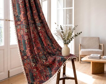 Boho Rad Curtains, Handcrafted Cotton Linen Drape, Geometric Tribal Pattern Panel