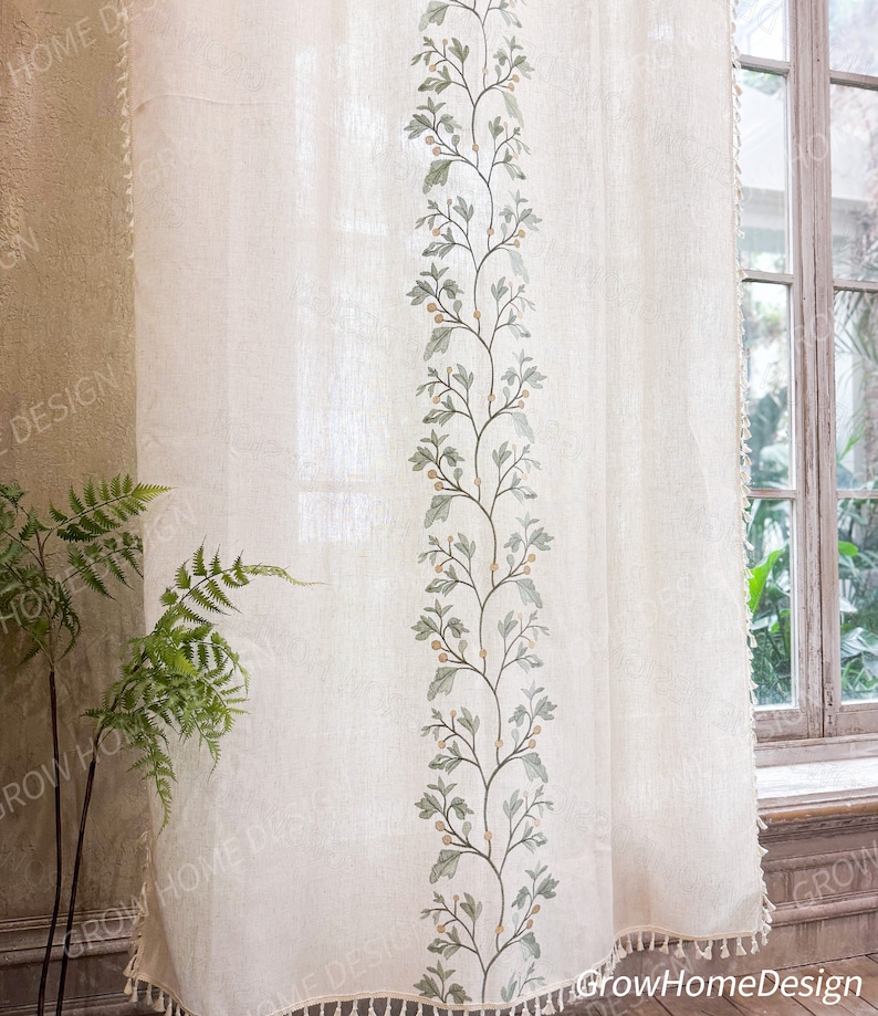 Beige Farmhouse Curtain, Boho Rustic Curtains, Cotton Curtain for Living Room, Semi Blackout Window Decoration Drapes