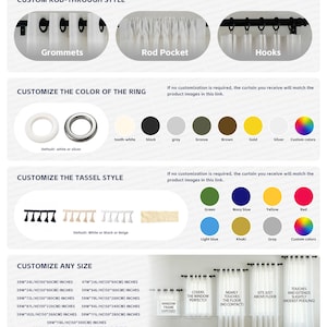 May include: Informative graphic showcasing curtain customization options. Features rod-through styles, ring colors, tassel styles, and size options in inches and centimeters. Includes text: "Customize Any Size" and "Available in Any Custom Size."
