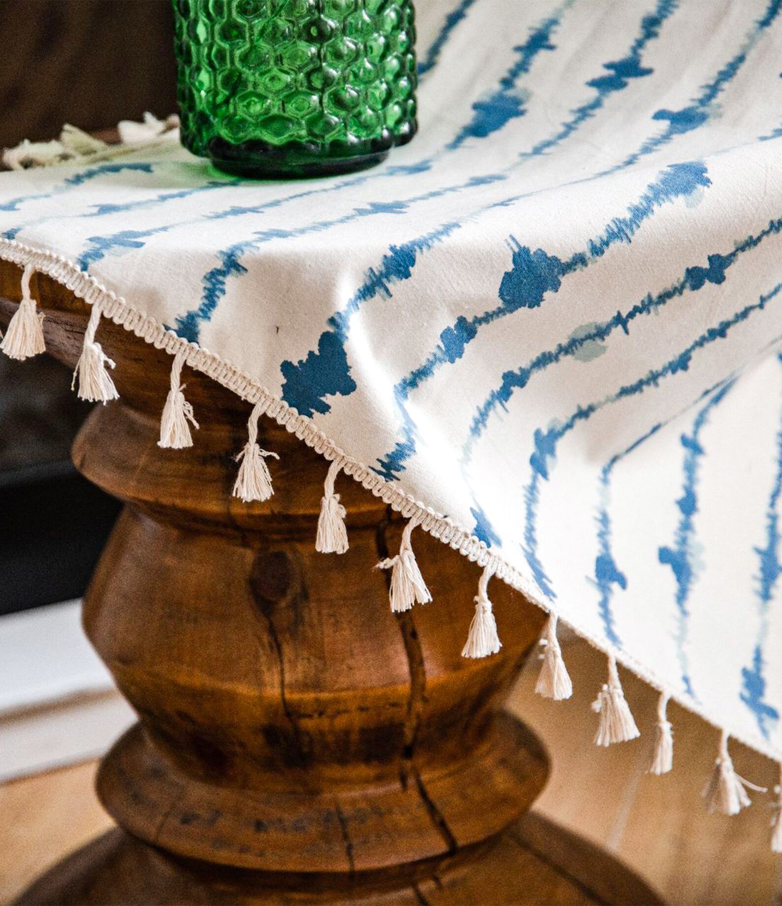 Boho Curtains Cotton Linen Blue Curtain With Tassels for Etsy