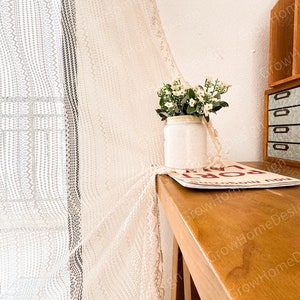 Beige Sheer Boho Curtains, Farmhouse Curtains with Tassels for Bedroom, Living Room, Window Decoration Drapes