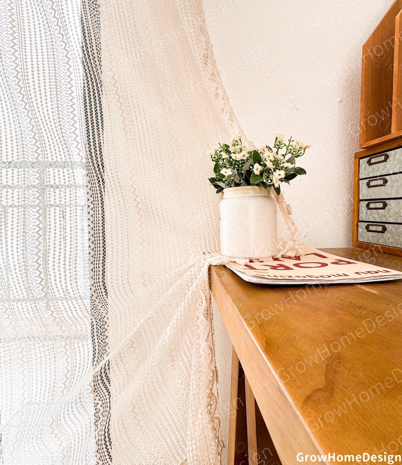 Beige Sheer Boho Curtains, Farmhouse Curtains with Tassels for Bedroom, Living Room, Window Decoration Drapes
