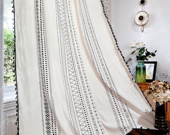 White Boho Curtains, Cotton Linen Curtains, Framhouse Crochet Curtain Panels, Bedroom Living Room, Custom Size - Semi Blackout