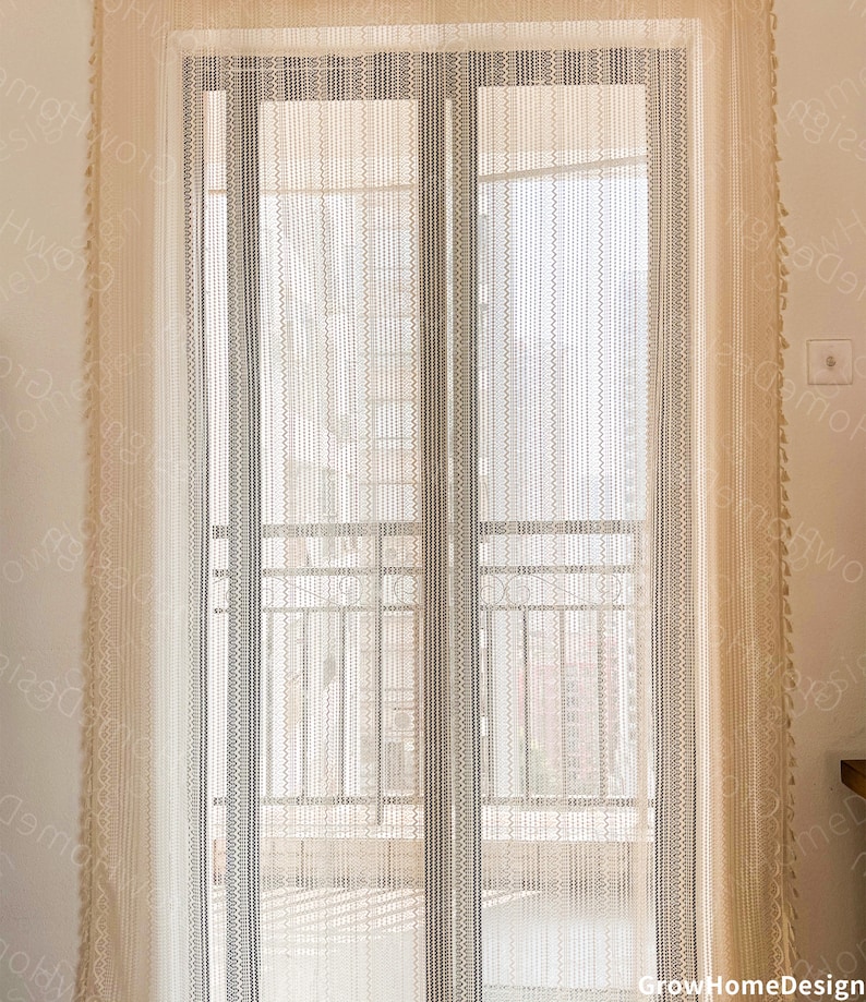 Beige Sheer Boho Curtains, Farmhouse Curtains with Tassels for Bedroom, Living Room, Window Decoration Drapes