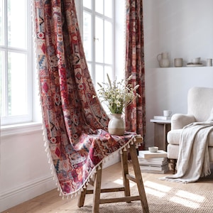 Red Boho Patchwork Curtain, Geometric Cotton Linen Window Drape, Farmhouse Panel Housewarming Gift