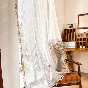 Beige Sheer Boho Curtains, Farmhouse Curtains with Tassels for Bedroom, Living Room, Window Decoration Drapes