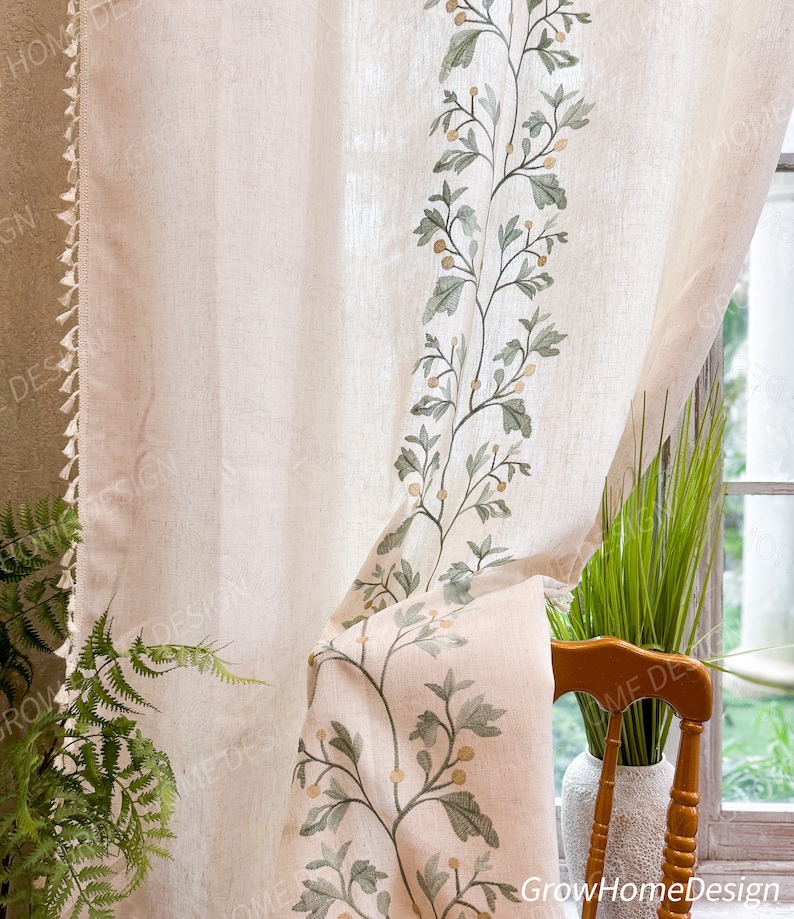 Beige Farmhouse Curtain, Boho Rustic Curtains, Cotton Curtain for Living Room, Semi Blackout Window Decoration Drapes