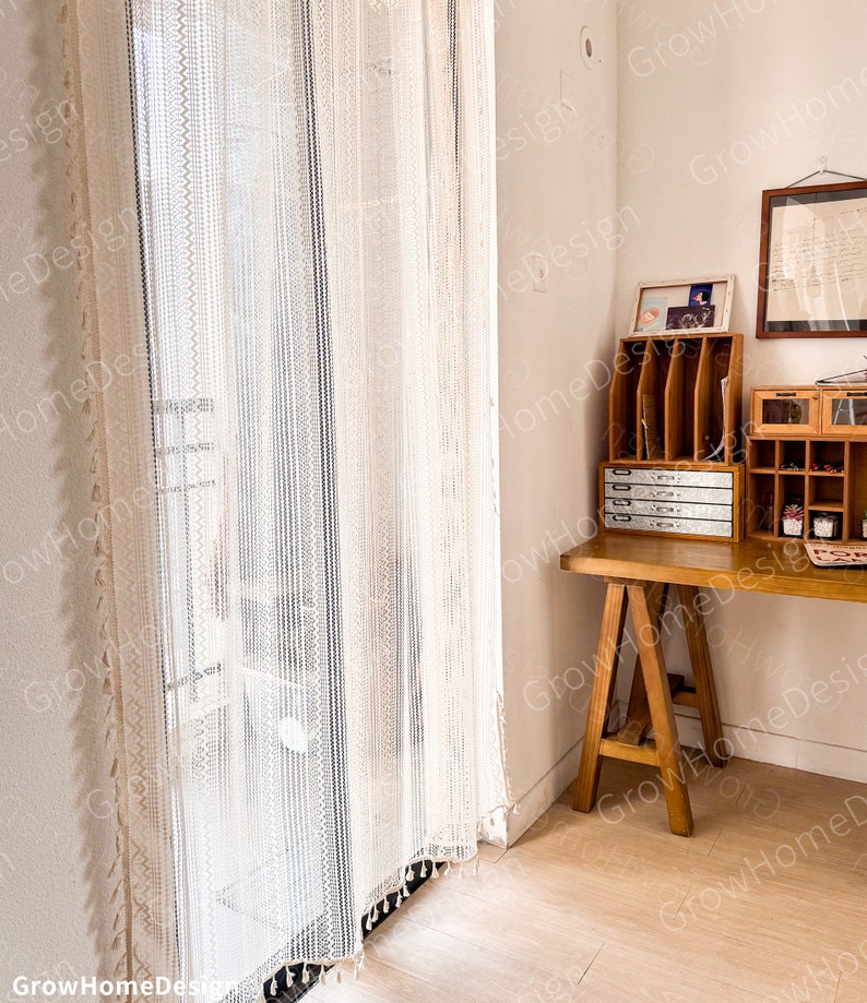 Beige Sheer Boho Curtains, Farmhouse Curtains with Tassels for Bedroom, Living Room, Window Decoration Drapes