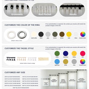 May include: Informative graphic showcasing curtain customization options. Features rod-through styles, ring colors, tassel styles, and size options in inches and centimeters. Includes text: "Customize Any Size" and "Available in Any Custom Size."