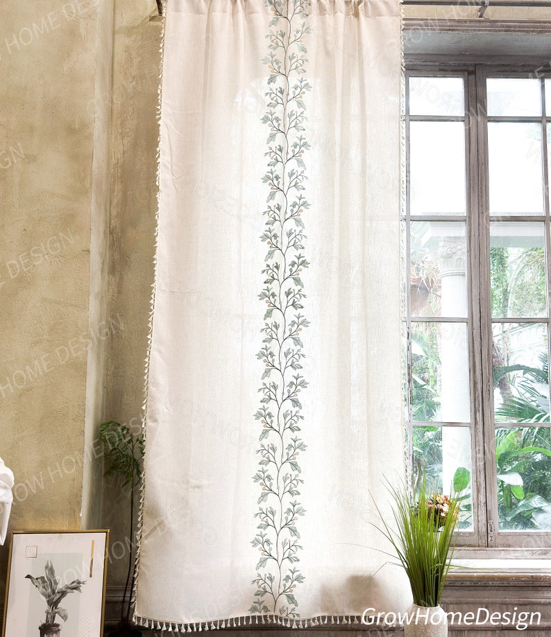 Beige Farmhouse Curtain, Boho Rustic Curtains, Cotton Curtain for Living Room, Semi Blackout Window Decoration Drapes