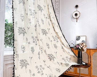 Farmhouse Floral Curtain, Crochet Curtains, Boho Cotton Curtain for Bedroom, Living Room - Semi Blackout Window Boho Decoration Drapes