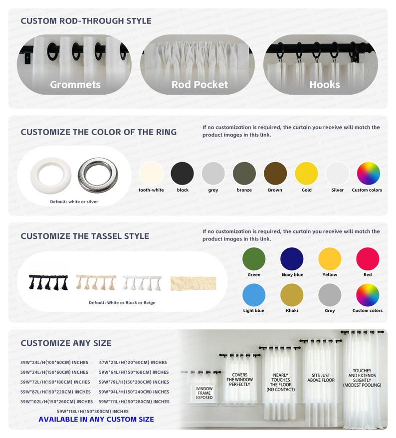 May include: Informative graphic showcasing curtain customization options. Features rod-through styles, ring colors, tassel styles, and size options in inches and centimeters. Includes text: "Customize Any Size" and "Available in Any Custom Size."