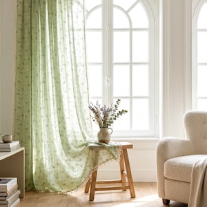 Handcrafted Green Flowers Curtain: Cotton Linen Tassel Window Panel