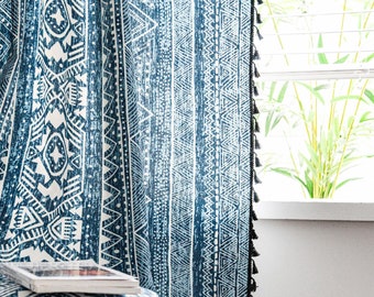 Blue Boho Style Curtains, Cotton Linen Curtains, Boho decor, Boho Curtain Panels, Bedroom Living Room Curtain, Customizable Curtain