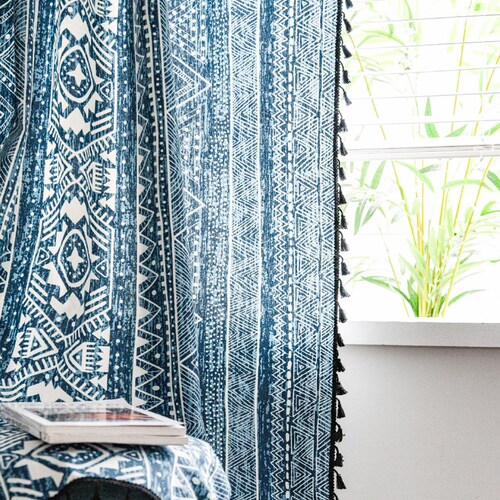 Blue Boho Style Curtains Cotton Linen Curtains Boho Decor Etsy