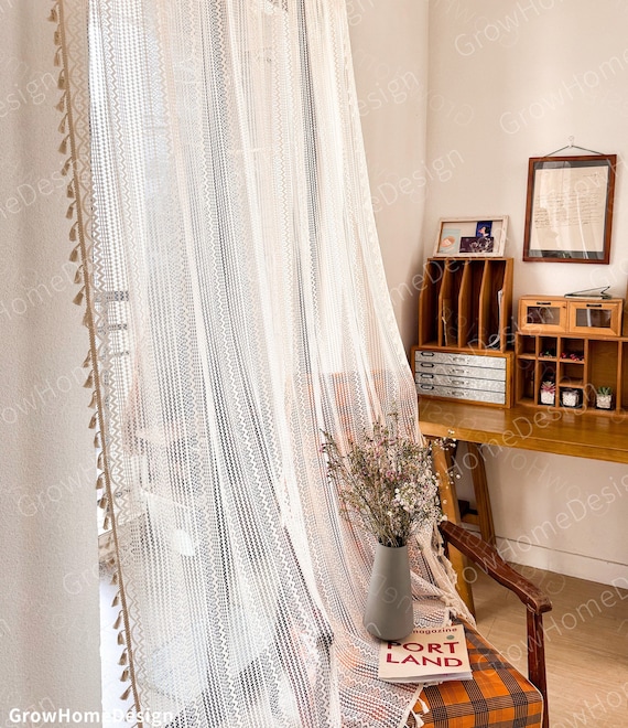 Beige Sheer Boho Curtains, Farmhouse Curtains, Living Room Window Drapes
