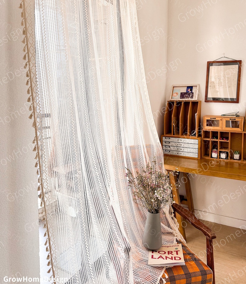 Beige Sheer Boho Curtains, Farmhouse Curtains with Tassels for Bedroom, Living Room, Window Decoration Drapes