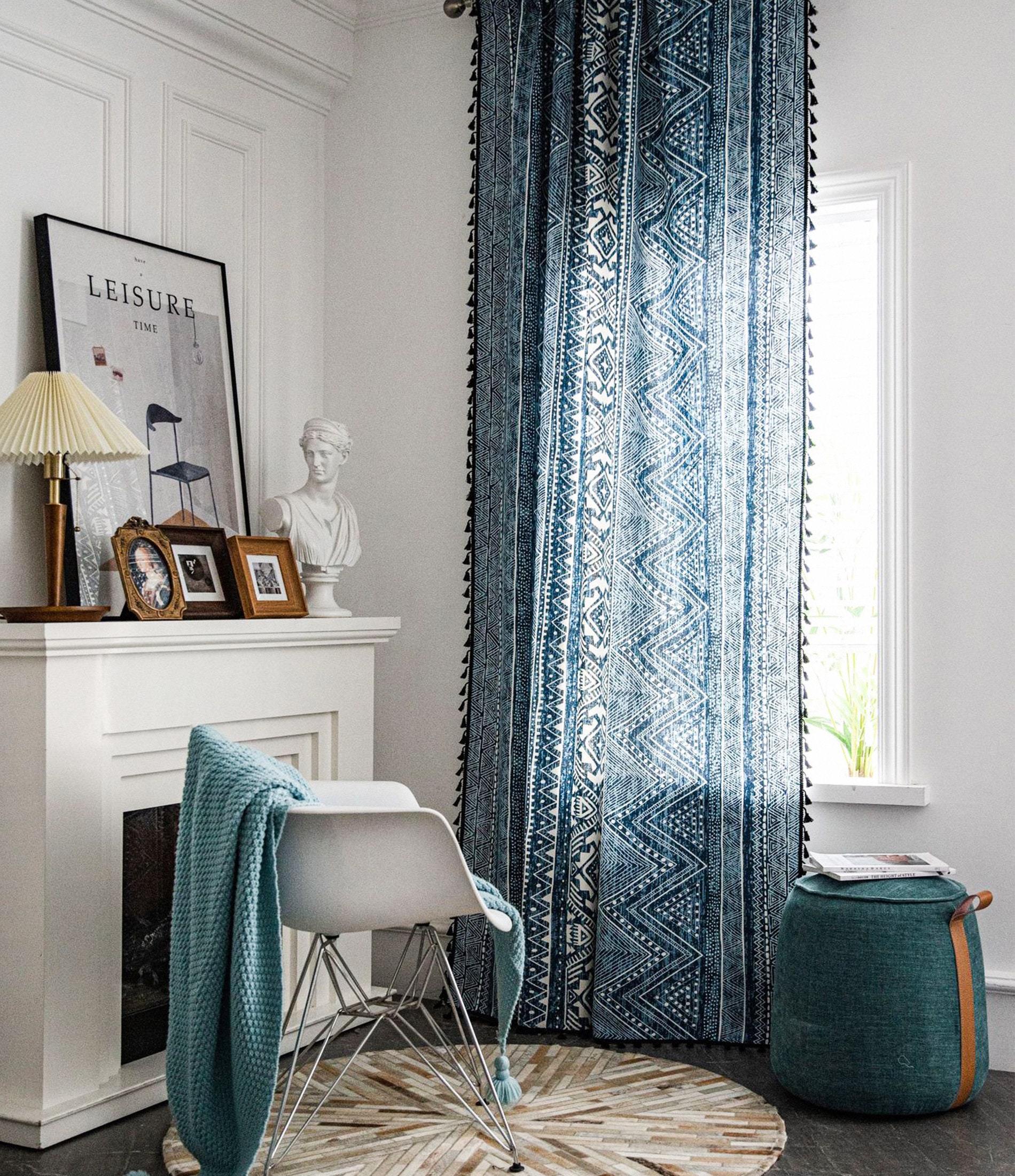 Blue Boho Style Curtains Cotton Linen Curtains Boho Decor Etsy UK