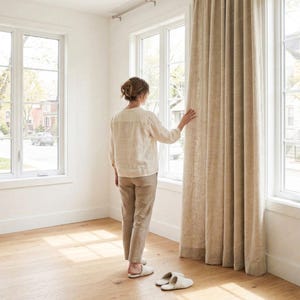 May include: A woman in a cream shirt and tan trousers stands in a bright room with large windows and beige linen curtains. The room has light wood flooring and white walls. Two pairs of white slippers are on the floor.