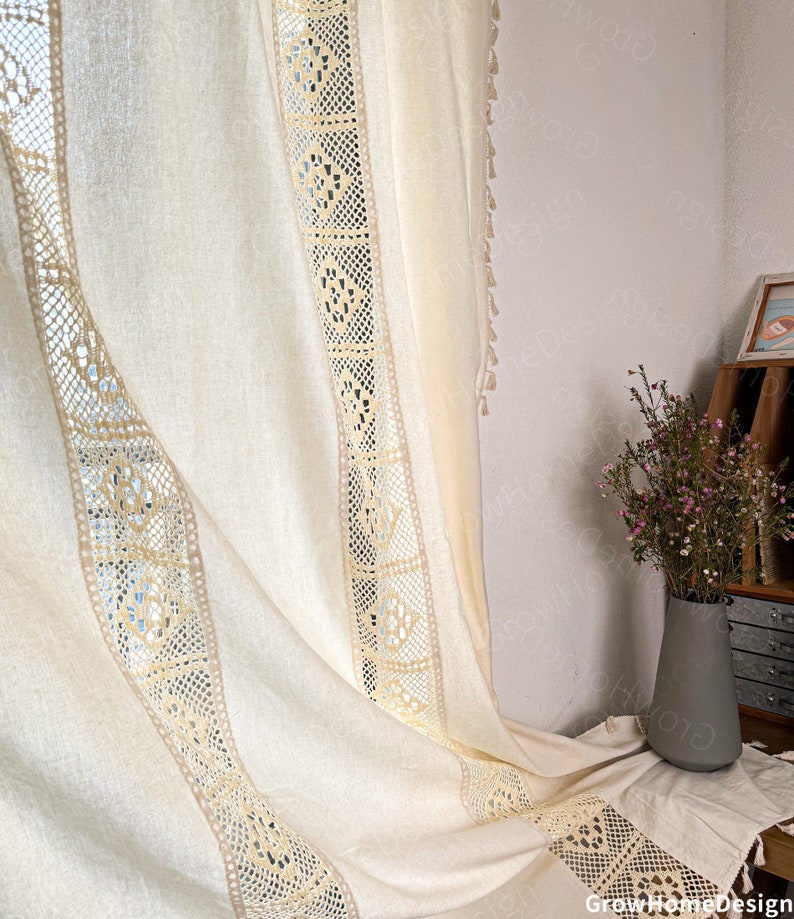 Rideau de ferme, rideaux au crochet, rideau beige en coton de style bohème pour chambre à coucher, salon rideaux décoratifs bohèmes semi-occultants image 4