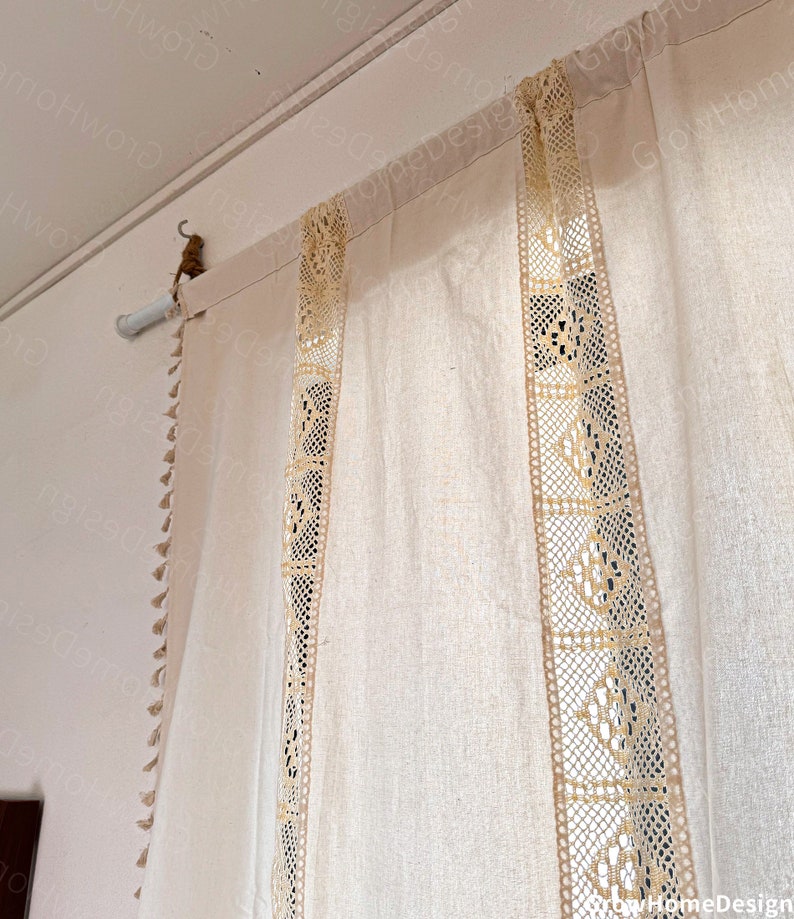 Rideau de ferme, rideaux au crochet, rideau beige en coton de style bohème pour chambre à coucher, salon rideaux décoratifs bohèmes semi-occultants image 5