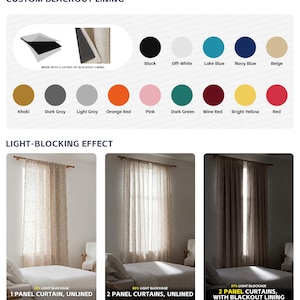 May include: Image showcasing custom blackout lining options and light-blocking effects of curtains. Color swatches include black, off-white, and various shades. The image demonstrates the light blockage with different curtain panel configurations, from unlined to lined.