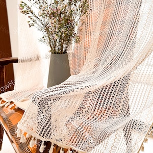 Beige Sheer Boho Curtains, Farmhouse Curtains with Tassels for Bedroom, Living Room, Window Decoration Drapes