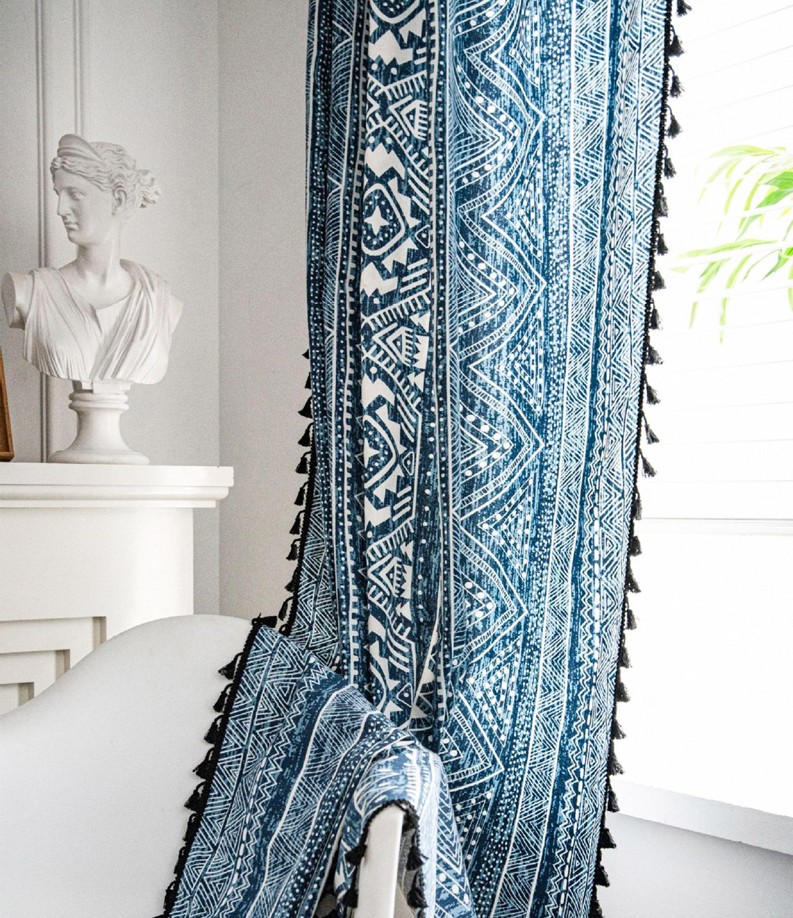 Blue Boho Style Curtains Cotton Linen Curtains Boho Decor Etsy