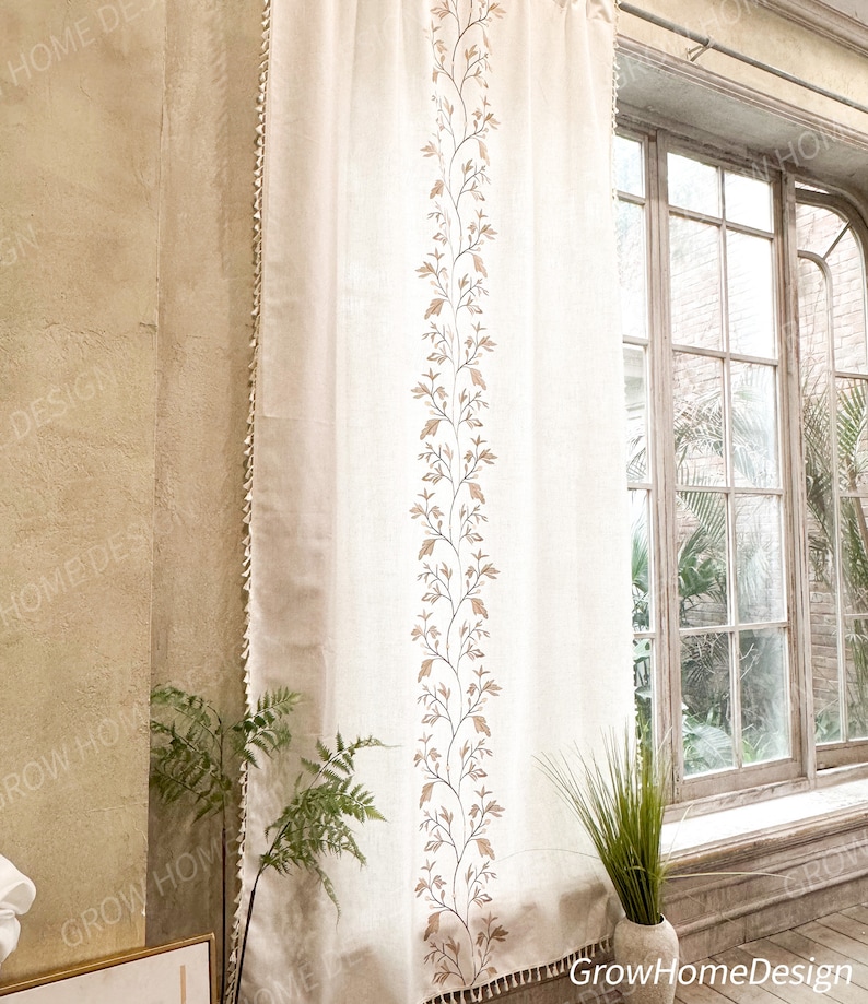Beige Farmhouse Curtain, Boho Rustic Curtains, Red Floral Curtain for Living Room, Semi Blackout Window Decoration Drapes image 4