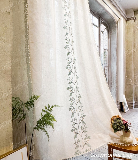 Green Farmhouse Curtain, Boho Rustic Curtains, Cotton Curtain for Living Room