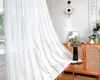 Farmhouse Crochet Curtain, White Cotton Boho Window Drape with Tassels