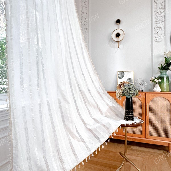 Farmhouse Curtain, Crochet Curtains, Boho Style Cotton White Curtain for Bedroom, Living Room - Semi Blackout Window Boho Decoration Drapes