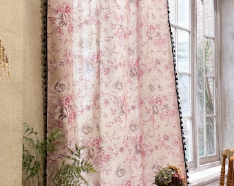 French Country Floral Curtain Panel - Pink & Beige Linen Tassel Curtain