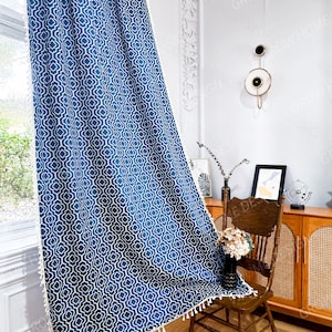 Blue Farmhouse Curtain, Crochet Curtains, Boho Cotton Curtain for Bedroom, Living Room - Semi Blackout Window Boho Decoration Drapes